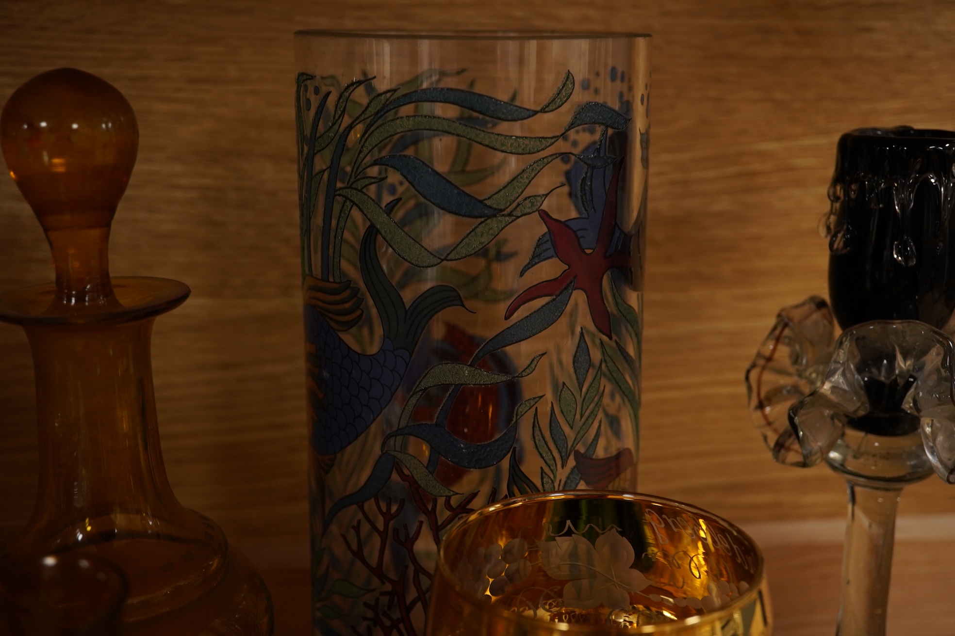 A quantity of 20th century coloured and clear glassware together with a mid 18th century Silesian stem glass tazza, largest 33cm in diameter